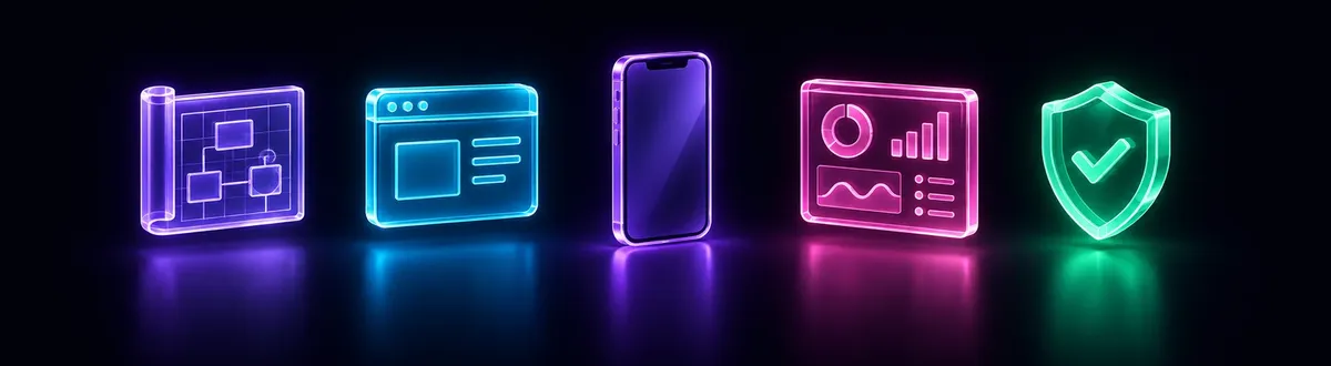 Icone dei cinque servizi: progetto, sito web, app, dashboard e scudo