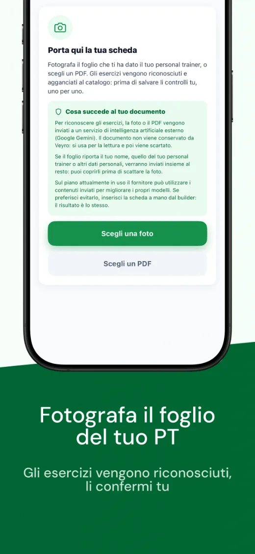 Importa la scheda del personal trainer da foto o PDF: gli esercizi vengono riconosciuti e li confermi tu