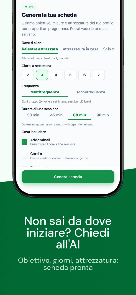 Genera la scheda con l'AI scegliendo obiettivo, giorni e attrezzatura